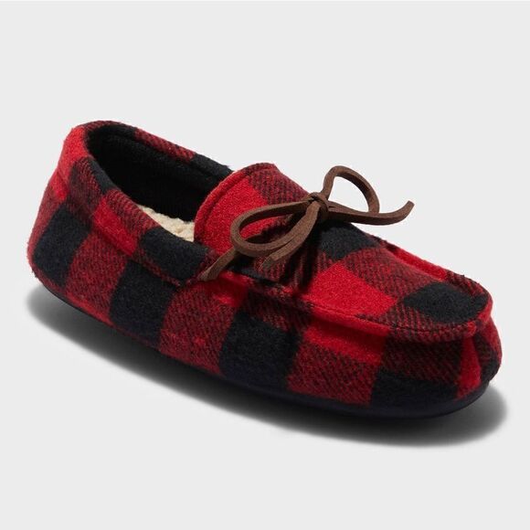 NEW! Dluxe by Dearfoams Braydon
Moccasin Kids Slippers Red Plaid - Picture 2 of 7